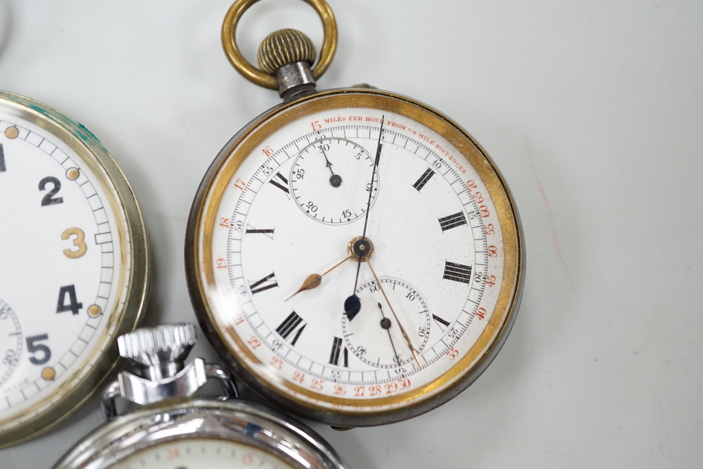 Ten assorted base metal pocket watches including Frenca, Smiths and gun metal.